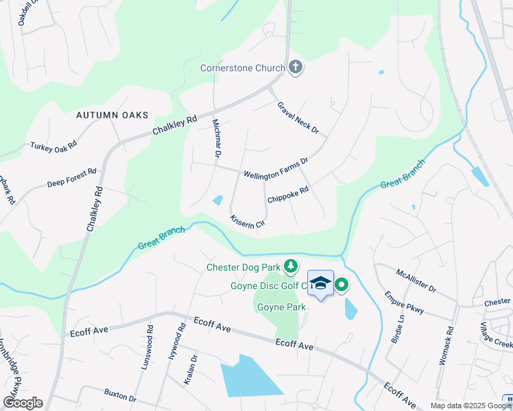 map of restaurants, bars, coffee shops, grocery stores, and more near 10815 Kriserin Cir in Chester
