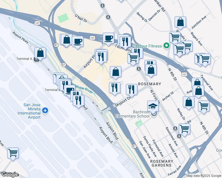 map of restaurants, bars, coffee shops, grocery stores, and more near 1734 Technology Drive in San Jose