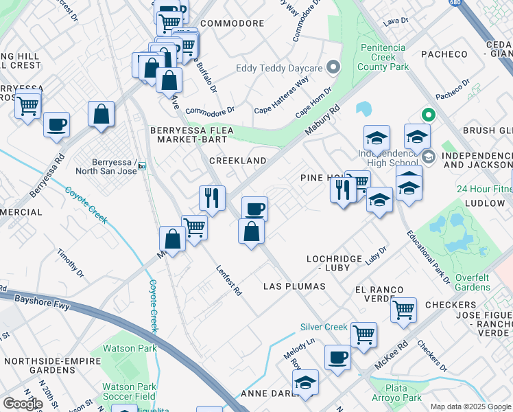 map of restaurants, bars, coffee shops, grocery stores, and more near 1777 Newbury Park Drive in San Jose