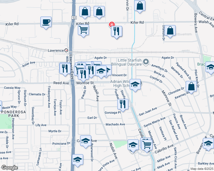 map of restaurants, bars, coffee shops, grocery stores, and more near 3434 Monroe Street in Santa Clara