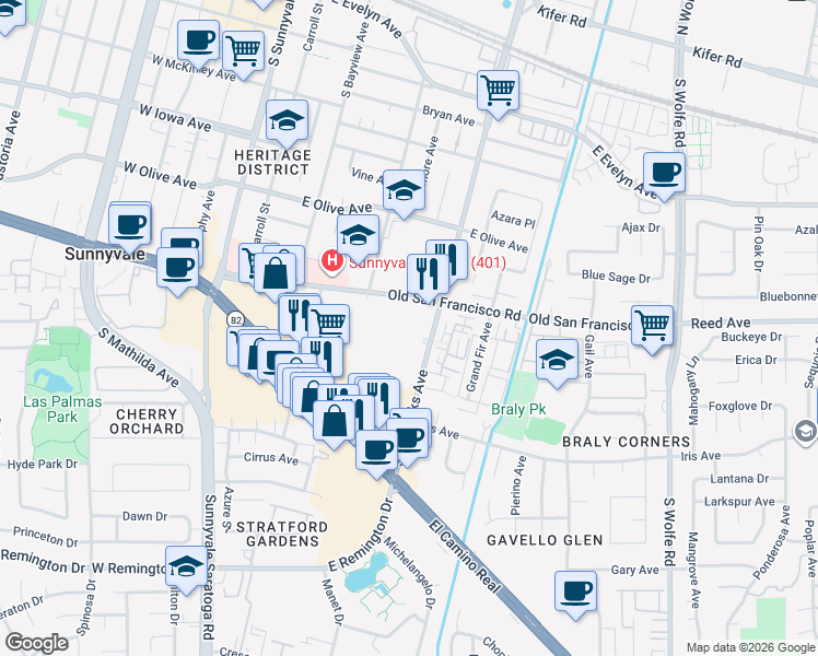 map of restaurants, bars, coffee shops, grocery stores, and more near in Sunnyvale