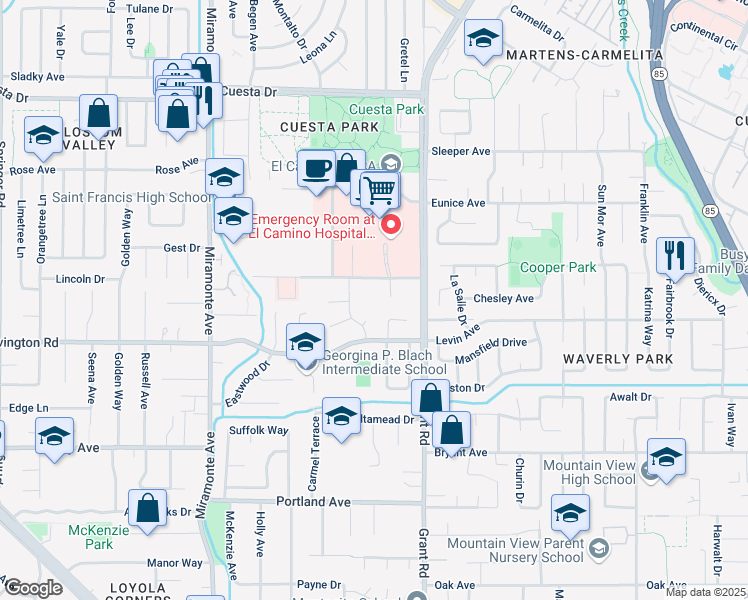 map of restaurants, bars, coffee shops, grocery stores, and more near 2530 Solace Place in Mountain View