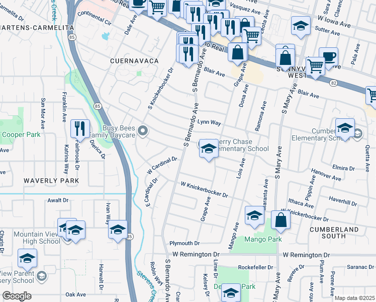 map of restaurants, bars, coffee shops, grocery stores, and more near 864 South Bernardo Avenue in Sunnyvale