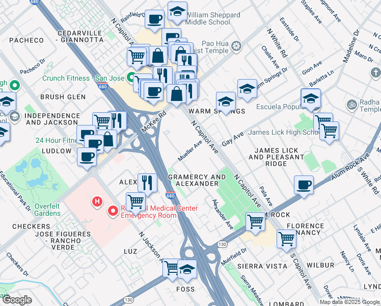 map of restaurants, bars, coffee shops, grocery stores, and more near 2634 Mueller Avenue in San Jose