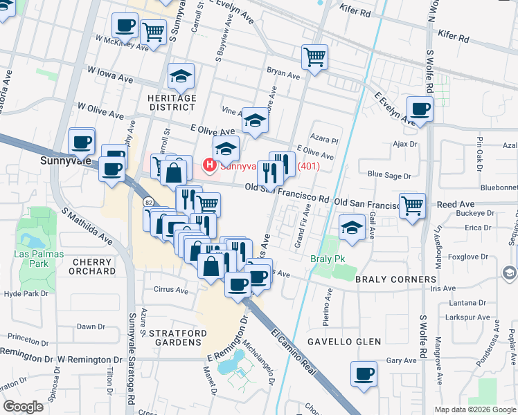 map of restaurants, bars, coffee shops, grocery stores, and more near in Sunnyvale
