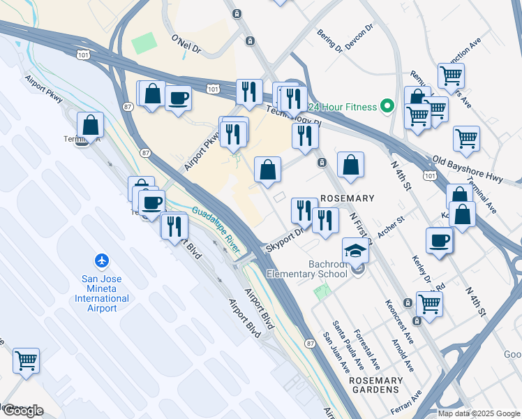map of restaurants, bars, coffee shops, grocery stores, and more near 1731 Technology Drive in San Jose