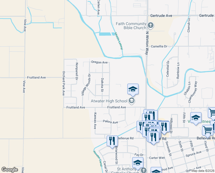 map of restaurants, bars, coffee shops, grocery stores, and more near 3293 Virginia Street in Atwater