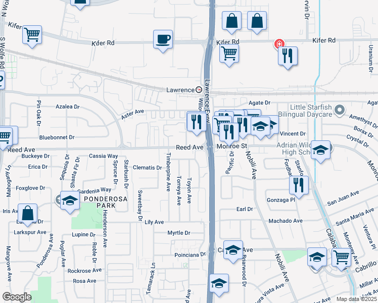 map of restaurants, bars, coffee shops, grocery stores, and more near 1144 Reed Avenue in Sunnyvale