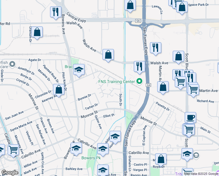 map of restaurants, bars, coffee shops, grocery stores, and more near 2461 Mosswood Lane in Santa Clara