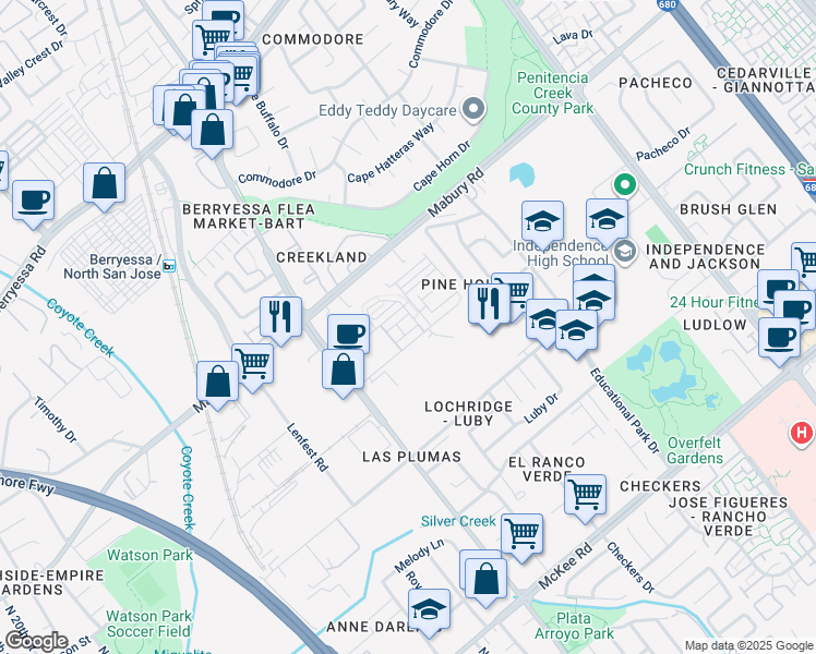 map of restaurants, bars, coffee shops, grocery stores, and more near 1889 Sable Place in San Jose