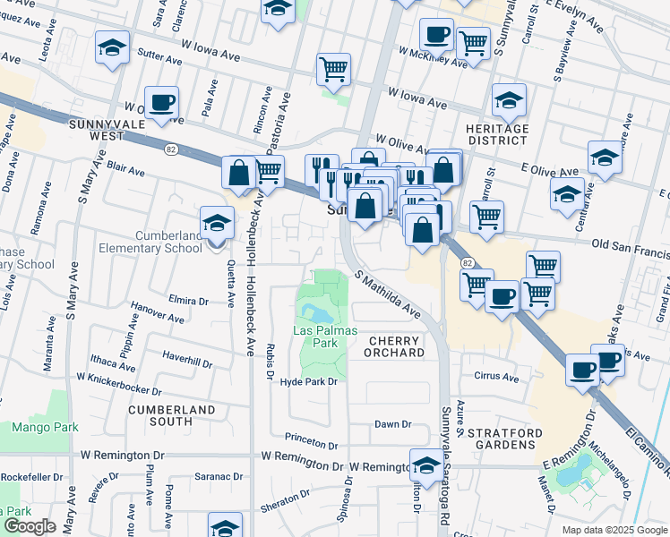 map of restaurants, bars, coffee shops, grocery stores, and more near Tennis Center in Sunnyvale