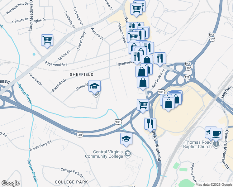 map of restaurants, bars, coffee shops, grocery stores, and more near 120 Berkshire Place in Lynchburg