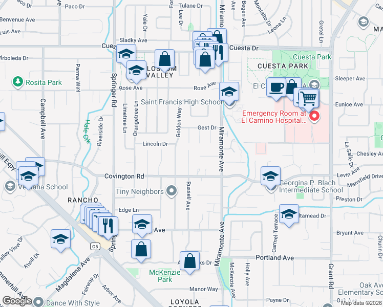 map of restaurants, bars, coffee shops, grocery stores, and more near 917 Russell Avenue in Los Altos