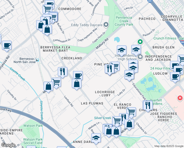 map of restaurants, bars, coffee shops, grocery stores, and more near 1889 Sable Place in San Jose