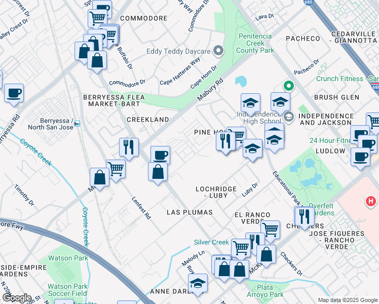 map of restaurants, bars, coffee shops, grocery stores, and more near 1889 Sable Place in San Jose