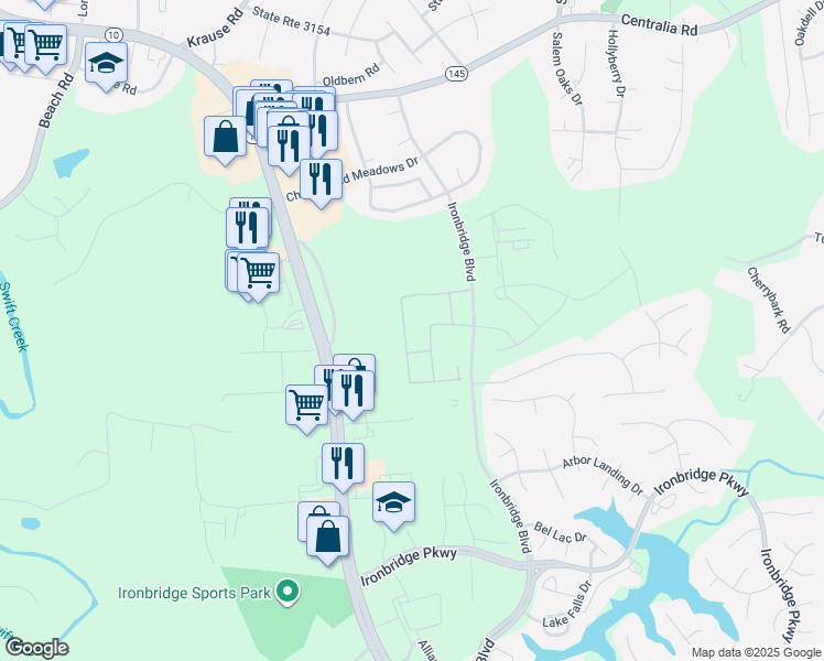 map of restaurants, bars, coffee shops, grocery stores, and more near 19651 English Wells Way in Richmond