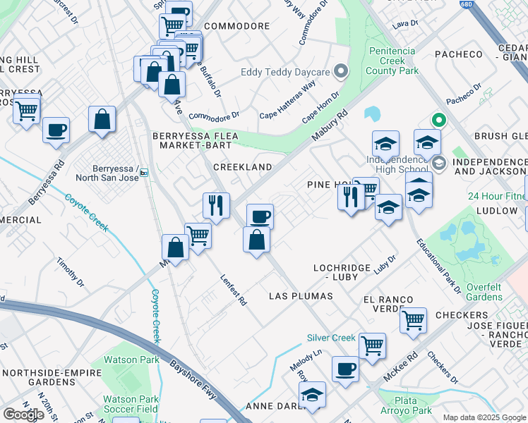 map of restaurants, bars, coffee shops, grocery stores, and more near 1777 Newbury Park Drive in San Jose