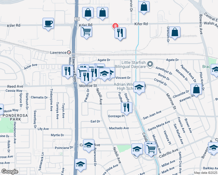 map of restaurants, bars, coffee shops, grocery stores, and more near 3434 Monroe Street in Santa Clara