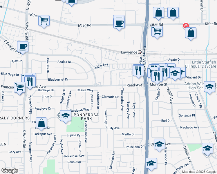map of restaurants, bars, coffee shops, grocery stores, and more near 1072 Reed Avenue in Sunnyvale