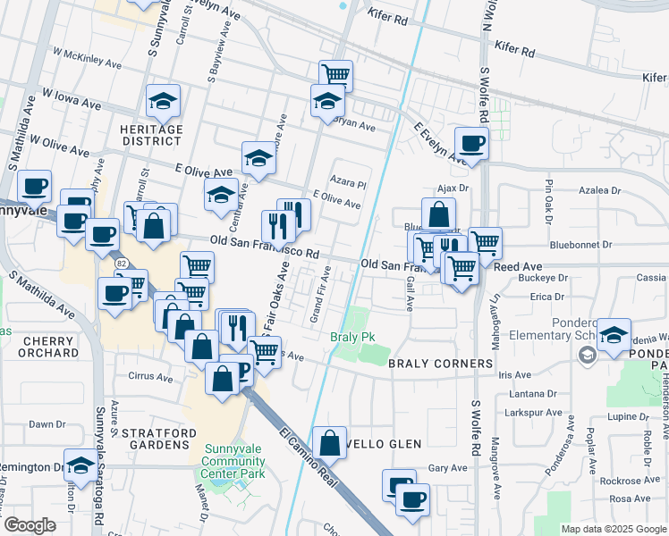 map of restaurants, bars, coffee shops, grocery stores, and more near 671 Bellflower Avenue in Sunnyvale