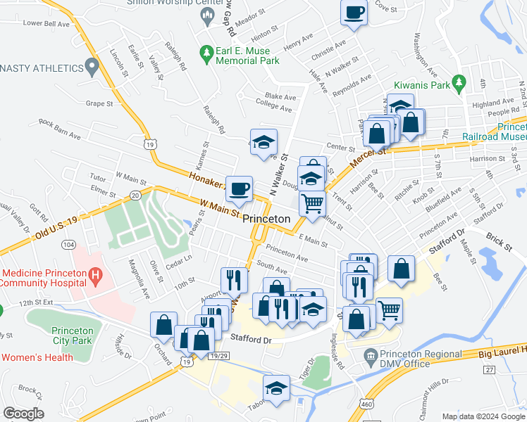 map of restaurants, bars, coffee shops, grocery stores, and more near 1600 West Main Street in Princeton