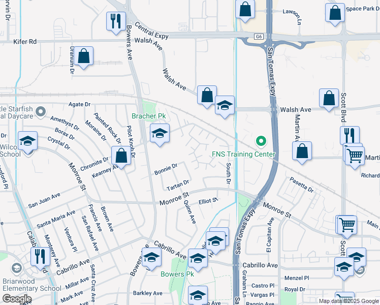 map of restaurants, bars, coffee shops, grocery stores, and more near 2540 Wickham Place in Santa Clara