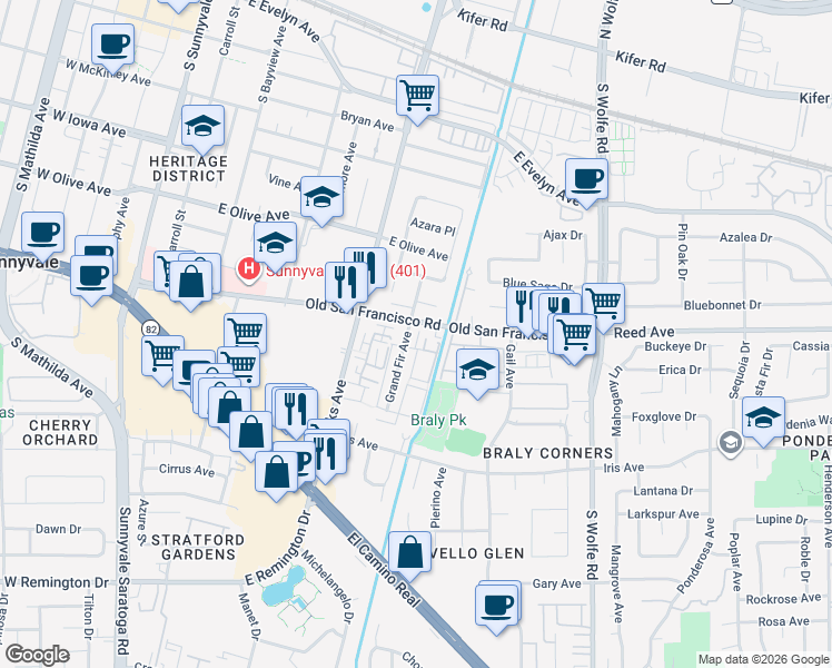 map of restaurants, bars, coffee shops, grocery stores, and more near 610 Grand Fir Avenue in Sunnyvale