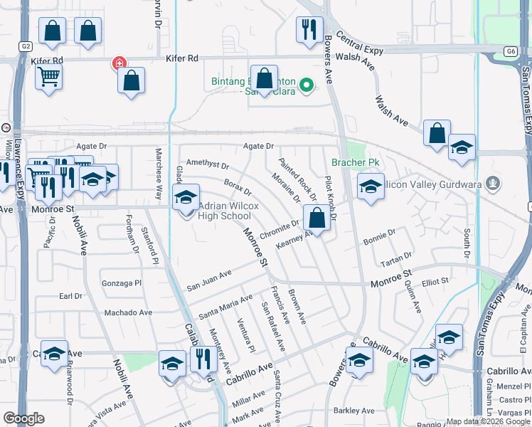 map of restaurants, bars, coffee shops, grocery stores, and more near 2432 Borax Drive in Santa Clara