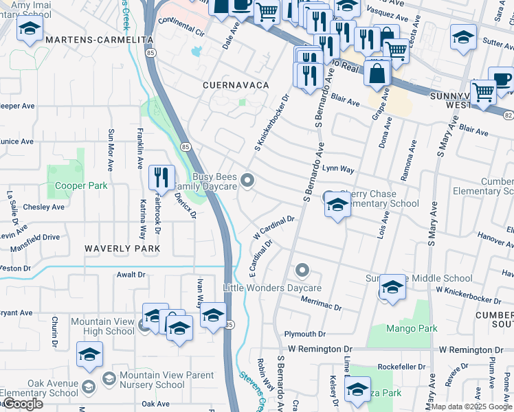map of restaurants, bars, coffee shops, grocery stores, and more near 904 Tanager Court in Sunnyvale