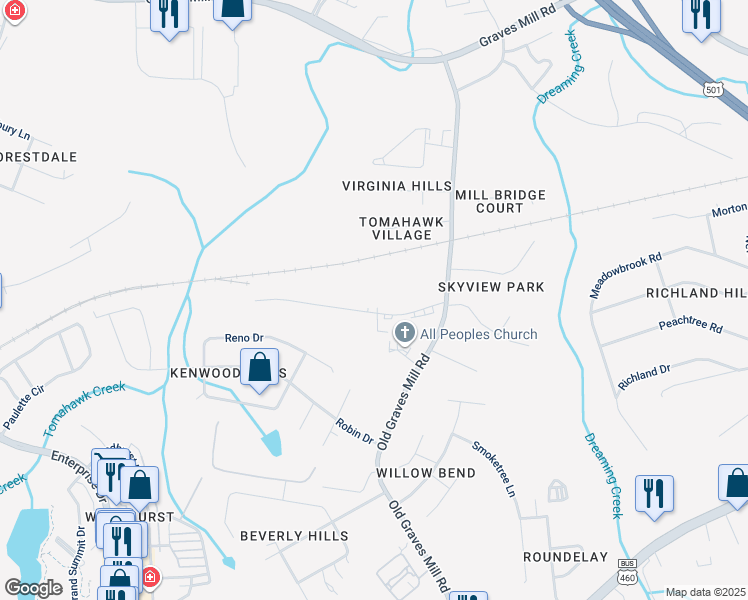 map of restaurants, bars, coffee shops, grocery stores, and more near 131 Tomahawk Industrial Park in Lynchburg