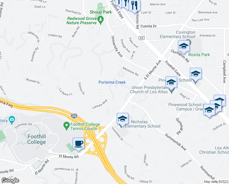 map of restaurants, bars, coffee shops, grocery stores, and more near 31 Deep Well Lane in Los Altos