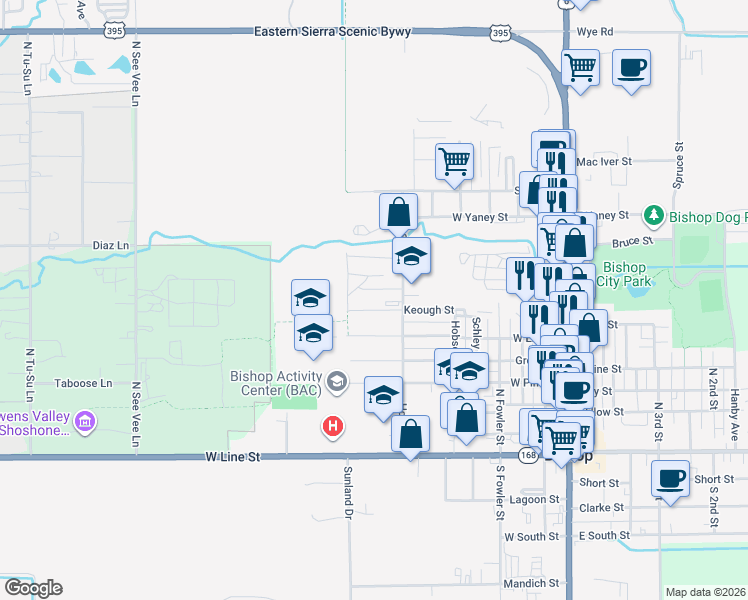 map of restaurants, bars, coffee shops, grocery stores, and more near 725 Keough Street in Bishop