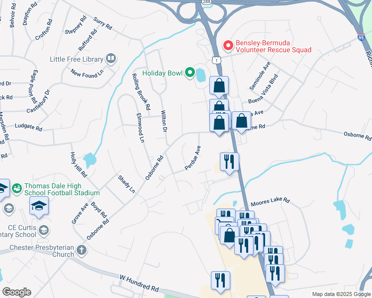 map of restaurants, bars, coffee shops, grocery stores, and more near 11705 Perdue Terrace in Chester
