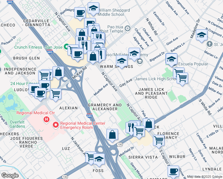 map of restaurants, bars, coffee shops, grocery stores, and more near 205 North Capitol Avenue in San Jose
