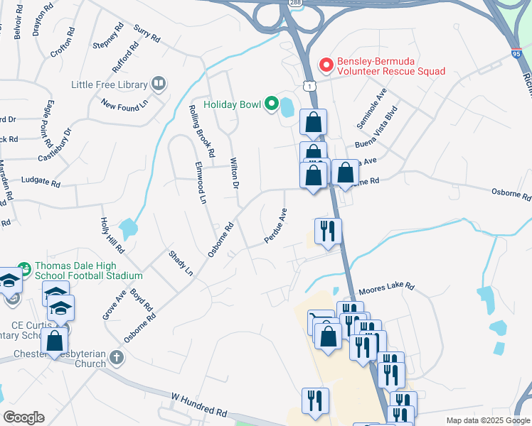map of restaurants, bars, coffee shops, grocery stores, and more near 11705 Perdue Terrace in Chester