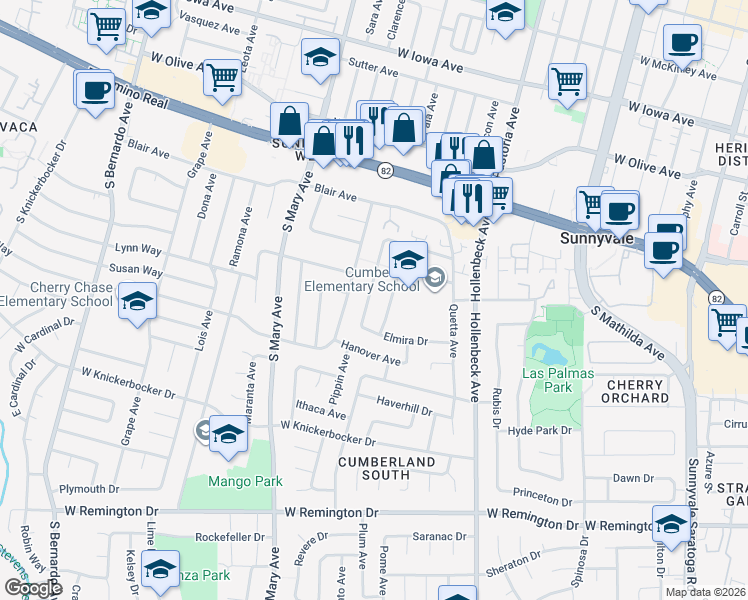 map of restaurants, bars, coffee shops, grocery stores, and more near 816 Pear Avenue in Sunnyvale