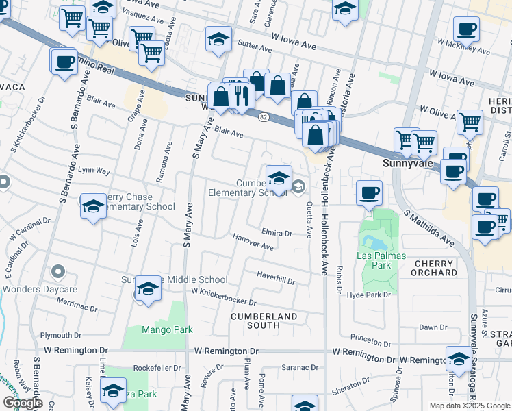 map of restaurants, bars, coffee shops, grocery stores, and more near 816 Pear Avenue in Sunnyvale