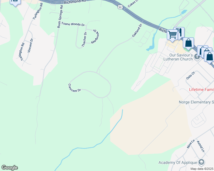 map of restaurants, bars, coffee shops, grocery stores, and more near 205 Crescent Drive in Williamsburg