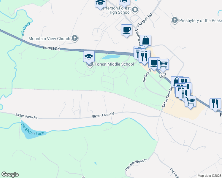 map of restaurants, bars, coffee shops, grocery stores, and more near 1256 Blue Ridge View Circle in Forest