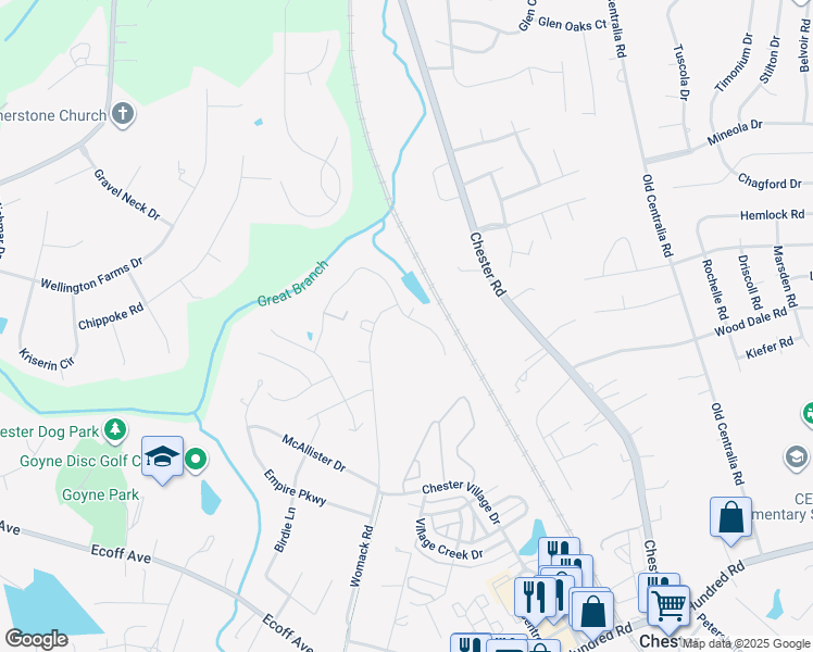 map of restaurants, bars, coffee shops, grocery stores, and more near 11412 Great Branch Drive in Chester