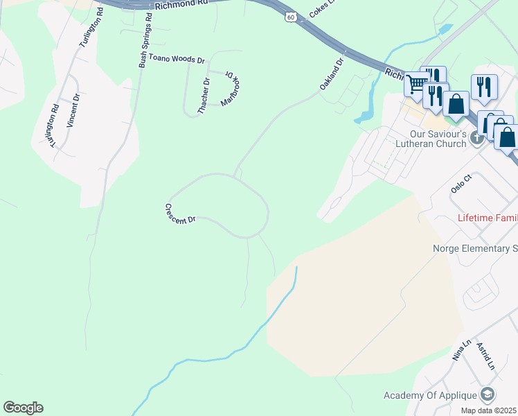 map of restaurants, bars, coffee shops, grocery stores, and more near 205 Crescent Drive in Williamsburg