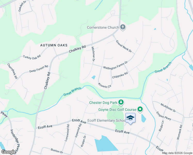 map of restaurants, bars, coffee shops, grocery stores, and more near 10708 Kriserin Circle in Chester