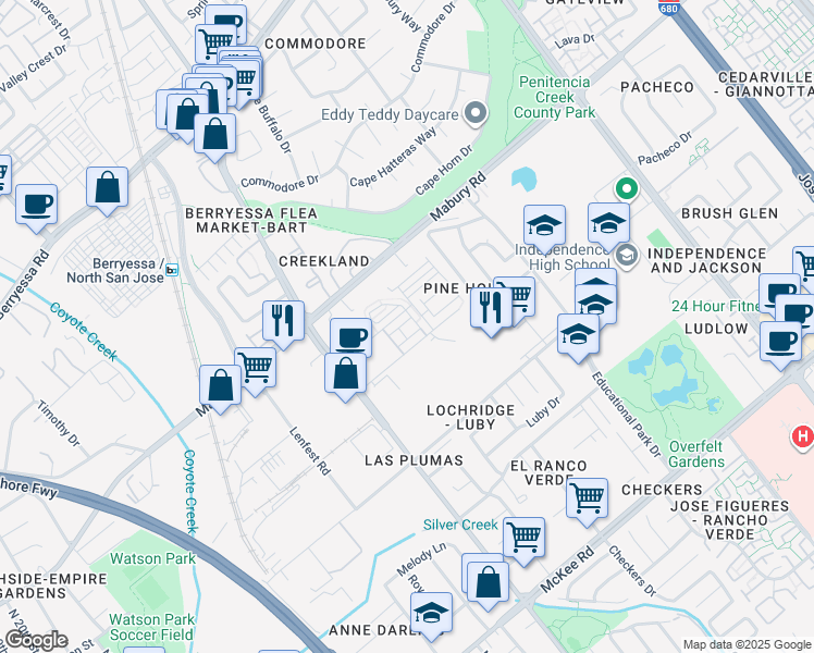 map of restaurants, bars, coffee shops, grocery stores, and more near 1878 Slate Place in San Jose