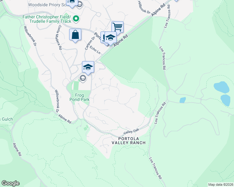 map of restaurants, bars, coffee shops, grocery stores, and more near 2 Horseshoe Bend in Portola Valley