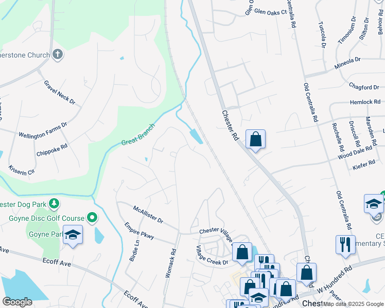 map of restaurants, bars, coffee shops, grocery stores, and more near 11412 Great Branch Drive in Chester