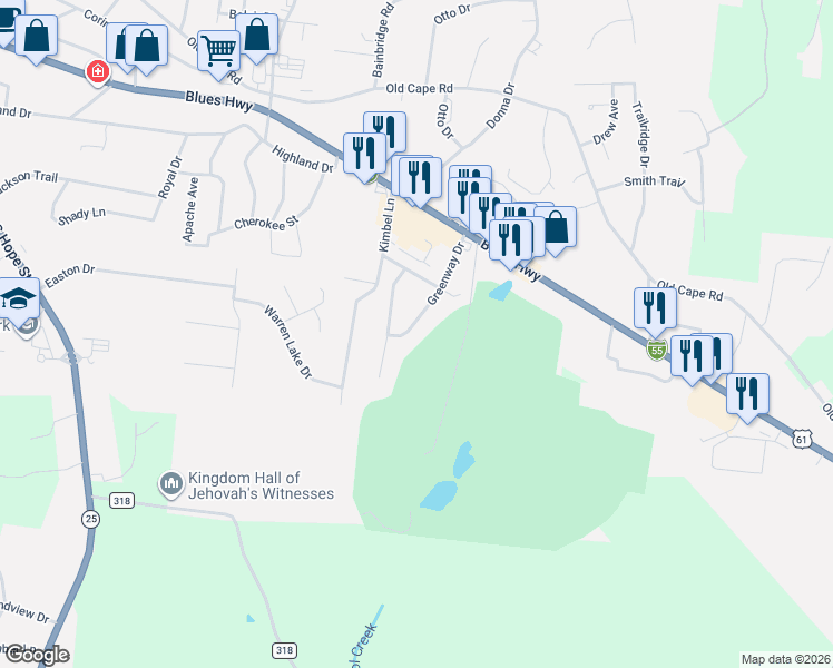 map of restaurants, bars, coffee shops, grocery stores, and more near 1420 Greenway Drive in Jackson