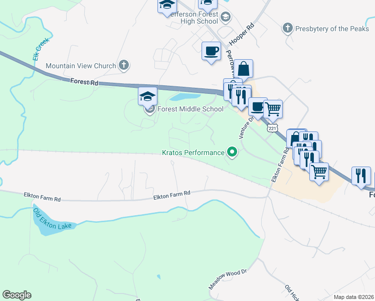 map of restaurants, bars, coffee shops, grocery stores, and more near 1256 Blue Ridge View Circle in Forest