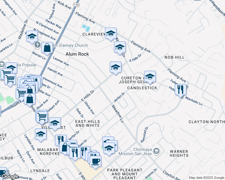 map of restaurants, bars, coffee shops, grocery stores, and more near 366 Cureton Place in San Jose