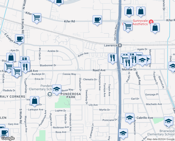map of restaurants, bars, coffee shops, grocery stores, and more near 1072 Reed Avenue in Sunnyvale