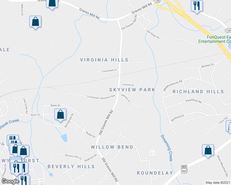 map of restaurants, bars, coffee shops, grocery stores, and more near 901 Old Graves Mill Road in Lynchburg